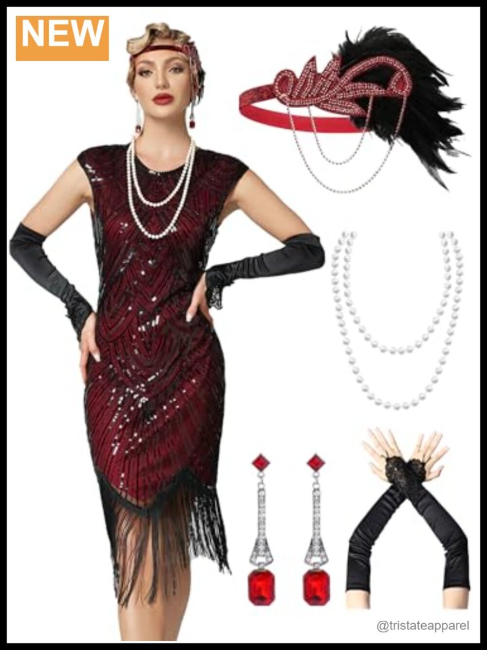Flapper Dress 1920s Sequin Fringed with Accessories Set